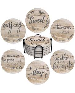 lot 16132 image: MAQLON House Warming Gifts for New Home, Funny Stone Coasters with Cork Backing, Set of 6 Absorbent Drink Coasters with Black Holder, Kitchen and Coffee Table Decor, 4 Inch, Rustic Style