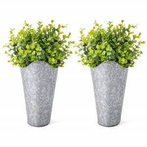lot 16143 image: Dahey 2 Pack Galvanized Metal Wall Planter with Artificial Eucalyptus Farmhouse Decor Hanging Wall Vase Planters Flowers Holder for Country Rustic Home Wall Decor,Silver