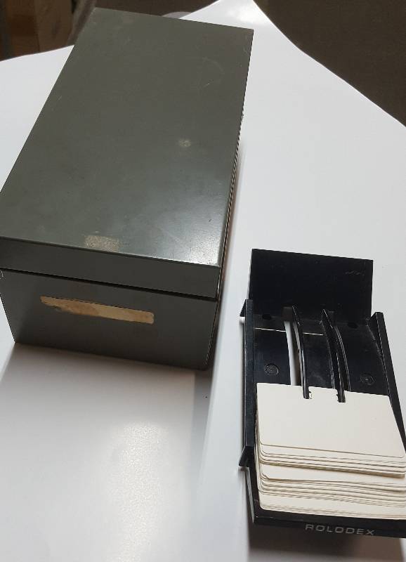 lot 6431 image: Metal storage box for the 3X5 cards and also a Roledex lay flat card file system