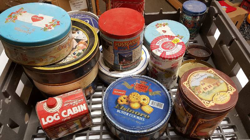 lot 6096 image: Tray full of old metal collectable tins from cookies and candy