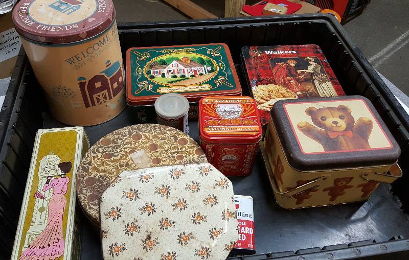lot 6098 image: Tray full of old metal collectable tins from cookies and candy