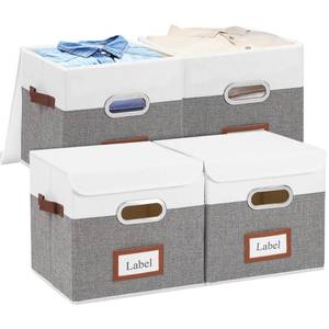 lot 37357 image: Yawinhe Storage Boxes with Lids, 4-Pack Storage Baskets for Shelf, 15 x 9.84 x 9.84 Inch, Fabric Storage Bins Organizer Containers with Dual Leather Handles for Home Bedroom,WhiteGrey