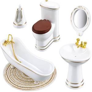 lot 37358 image: Skylety 6 Pieces 112 Dollhouse Bathroom Set Porcelain Dollhouse Miniature Furniture Toys Ceramic Dollhouse Toilet Basin Bathtub Mirror Doll Dollhouse Bathroom Accessories