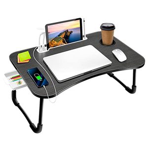 lot 37360 image: Laptop Bed Desk,Lap Desk Bed Table Tray with USB Charge Port,Cup Holder and Storage Drawer,Portable Laptop Stand for Bed Sofa Floor Working Writing Reading (Wooden)