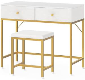 lot 37363 image: SUPERJARE 35.4 White and Gold Desk with 2 Drawers, Modern Makeup Vanity Desk with Padded Stool, Small Computer Desk Home Office Desk for Writing Study Bedroom - Retail $100.43