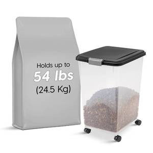 lot 37364 image: IRIS USA 54 Lbs  69 Qt WeatherPro Airtight Pet Food Storage Container with Attachable Casters, For Dog Cat Bird and Other Pet Food Storage Bin, Keep Fresh, Translucent Body, Easy Mobility, Black. Small Crack in Lid and top lip of container