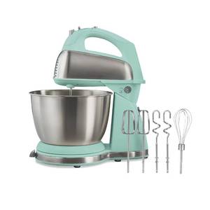 lot 37368 image: Hamilton Beach Classic Stand and Hand Mixer, 4 Quarts, 6 Speeds with QuickBurst, Bowl Rest, 290 Watts Peak Power, Blue (64658)
