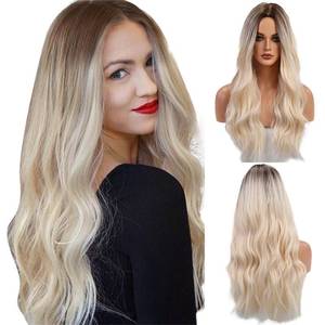 lot 37373 image: OMELPIS Long Ombre Blonde Wig for Women Brown Roots Middle Part Wavy Curly Natural Heat Resistant Fiber Synthetic Wigs for Daily Party Cosplay Chrismas Halloween Dating Use 26 In