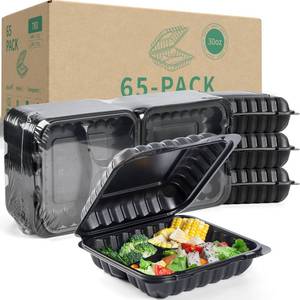 lot 37384 image: YANGRUI To Go Containers, 65 Pack 7.8 Inch BPA Free Reusable Black Clamshell Food Containers 30 oz Shrink Wrap 3 Compartment Freezer and Microwave Safe Take Out Containers