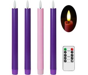 lot 37401 image: Stmarry Flameless Advent Candles, Set of 4 - Flickering LED Flame, 10 Inch Taper Candlesticks, Remote Controlled, Purple and Pink Color for Christmas Wreath