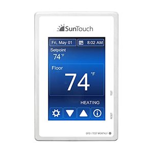 lot 37407 image: SunTouch Command Touchscreen Programmable Thermostat universal Model 500850 (low-profile, user-friendly floor heat control, 120240V, bright white  paintable beauty ring) includes floor sensor - Retail $171.73