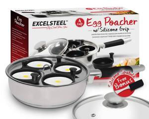 lot 37408 image: Excelsteel 1810 Stainless Steel 4 Cup Egg Poacher, Non Stick Easy Use Rust Resistant Home Kitchen Breakfast Brunch Induction Cooktop Ready