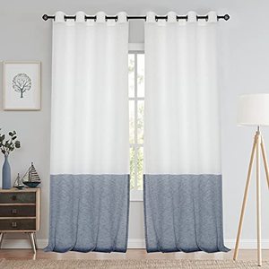 lot 37418 image: Stripe Sheer Navy and White Color Block Curtain Panel 95 Inches Long Grommet Top, Linen Rustic Drape Window Treatment for Bedroom Living Room Farmhouse, 2 Panels, 52W�95L
