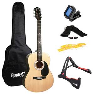 lot 37421 image: RockJam Acoustic Guitar Superkit Includes Stand, Gig Bag, Tuner, Picks, Plectrum Holder, Spare Strings & Online Lessons 6 Pack, Right, Natural, Full (RJW-101-N-PK)