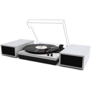 lot 37427 image: LP&No.1 Record Player with External Speakers, 3 Speed Vintage Belt-Drive Vinyl Turntable with Auto-Stop (White Pearl) - Retail $99.48