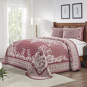 lot 37439 image: SUPERIOR Cotton Blend 3-Piece Bedspread Set, Oversized Bedspread, 2 Matching Pillow Shams, Light Weight Blanket, Jacquard Traditional Medallion Bedding Decor, Adalie Collection, Queen, Berry Red