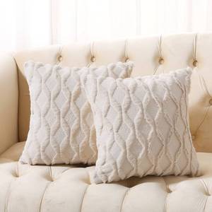 lot 37443 image: Volcanics Pack of 2 Faux Wool Throw Pillow Covers 20x20 Inches Decorative Farmhouse Velvet Couch Pillow Case Soft Plush Square Boho Cushion Pillowcase, Embroidery, Geometric, Home, Beige