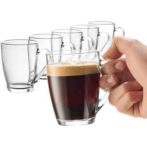 lot 37466 image: Bormioli Rocco Glass Coffee Mug Set, (6 Pack) 10� Ounce with Convenient Handle, Tea Glasses for HotCold Beverages, Thermal Shock Resistant, Tempered Glass, for Cappuccino, Latte, Espresso, clear.
