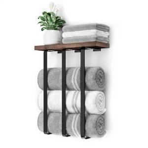 lot 37492 image: Lorbro Towel Racks for Bathroom, Wall Mounted Towel Rack 3 Bar, Bathroom Towel Storage with Wooden Shelf, Bath Towel Holder for Bath Organizer Decor, RV, Wall Towel Rack for Rolled Towels, Washcloths