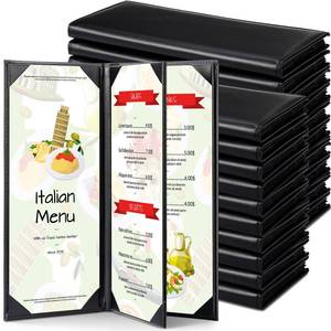 lot 37493 image: Jexine Black Menu Covers Waterproof Restaurant Cafe Bar PU Leather 4 View Fold Menu Book with Angled Corners for Wine Drinks Cafes List Covers Set, 4.25 x 11 Inches (20 Pcs,Turning Page Style) - Retail $103.53