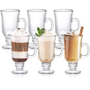lot 37494 image: ZENFUN Set of 5 Irish Coffee Mugs, 8 Oz Glass Footed Espresso Cups with Handles, Clear Goblet Mugs Glasses for Coffee, Latte, Cappuccino, Smoothie, Hot&Cold Beverages