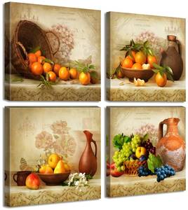 lot 37503 image: JiazuGo Kitchen Wall Decor Canvas Art for Dining Room Vintage Theme Fruit Pictures Farmhouse Rustic Signs Paintings Bar Accessories Realism Colorful Framed Decorations 4 PcsSet