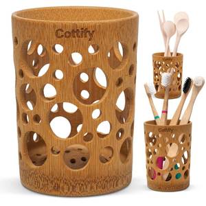 lot 37512 image: Cottify Eco-Friendly Bamboo Toothbrush Holder with Drainage �� Quick Drying Single-Piece Design �� Toothbrush Holders for Bathrooms �� Wooden Toothbrush Holder Naturally Resilient in Humid Conditions