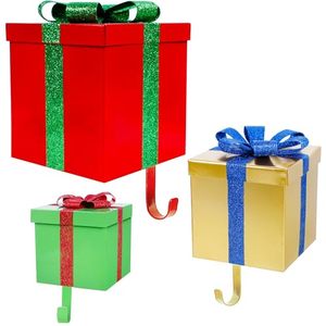 lot 37519 image: Zcaukya Christmas Stocking Holders, Set of 3 Metal Glittered Gift Box Stocking Hanger with Removable Hooks for Mantel Ornament Xmas Holiday Festival Decor, Red & Green & Golden