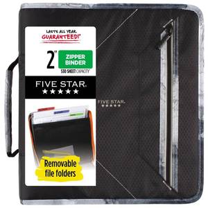 lot 37527 image: Five Star Zipper Binder, 2 Inch 3-Ring Binder for School, 530 Sheet Capacity, 3 Removable Tabbed File Folders, BlackGray (29036IT8)