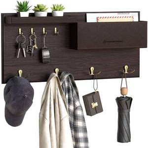 lot 1321 image: JackCubeDesign Entryway Coat Rack Wall Mount Key Holder Mail Envelope Hook Organizer Clothes Hat Hanger with Faux Brown Leather Shelf and Tray(Solid Wood, 20.5 x 9.1 x 3.4 inches) �� MK362B