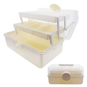 lot 1354 image: Qiveno Large Craft Organizers and Storage, Plastic Box with 3-Tier Fold Tray and Handle, Portable Lockable Container for Arts, Crafts,Cosmetic, Sewing, Toy, Washi Tape(Cream Color)