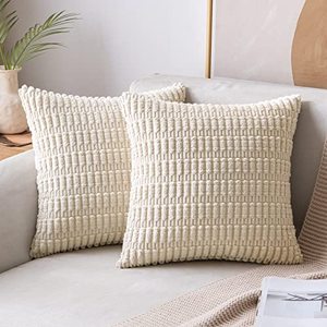 lot 2172 image: MIULEE Pack of 2 Corduroy Decorative Throw Pillow Covers 18x18 Inch Soft Boho Striped Pillow Covers Modern Farmhouse Home Decor for Spring Sofa Living Room Couch Bed Cream White