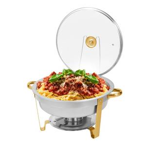 lot 3144 image: Restlrious Chafing Dish Buffet Set 7.5 QT, Stainless Steel Round Chafers and Buffet Warmers Set wGlass Viewing Lid and Lid Holder, Gold Frame Food Warmer for Party, Wedding, Banquet, Events, 1 Pack - Retail $79.94