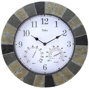 lot 3146 image: Lilys Home Hanging Wall Clock, Includes a Thermometer and Hygrometer and is Ideal for Indoor and Outdoor Use, Faux-Slate (14 Inches)