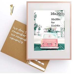 lot 3148 image: Homeforia 16x20 Rose Gold Frame Matted to 11x14 - Metal 16 x 20 Picture Frames For Wall - Aluminum 16 by 20 Poster Frame - Tempered Glass - Wall Hook Included - Set of 1