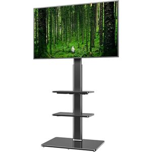 lot 3150 image: Universal Floor TV Stand with Mount for 19 to 43 inch Flat Screen TV, 100 Degree Swivel,Adjustable Height and Tilt Function, 3 Shelves Space Saving Standing TV Mount for Bedroom Living Room Corner - Retail $86.71