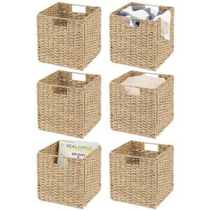 lot 3161 image: mDesign Seagrass Woven Cube Basket Organizer with Handles - Storage for Bedroom, Office, Living Room, Bathroom, Perfect for Cubby Storage Units - Hold Blankets, Magazines, Books - 6 Pack - Gray Wash - Retail $89.99