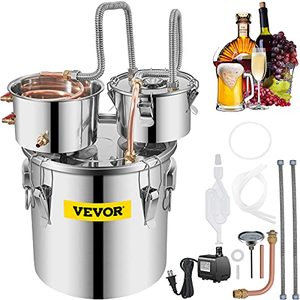 lot 3162 image: VEVOR Alcohol Still, 3 Gallon, Stainless Steel Alcohol Distiller with Copper Tube & Build-in Thermometer & Water Pump, Double Thumper Keg Home Brewing Kit, for DIY Whiskey Wine Brandy - Retail $89.99