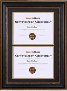 lot 3182 image: Space Art Deco, 14x20 Double Picture Frames for Two 8.5x11 Inch Certificates, Documents and College Degree, Wall Mounting, Black with Ornate Gold Trim