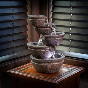 lot 3190 image: Alpine Corporation WIN1138 Indoor Tabletop 5-Tiered Stone Bowls Water Fountain with LED Lights for Table or Desk, 13, Gray