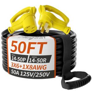 lot 3191 image: PlugSaf 50 FT 50 Amp RVEV Extension Cord Outdoor with Grip Handle, 4 Prong Flexible Heavy Duty 6381 Gauge STW RV Power Cord Waterproof, NEMA 14-50P to 14-50R, Black-Yellow, ETL Listed