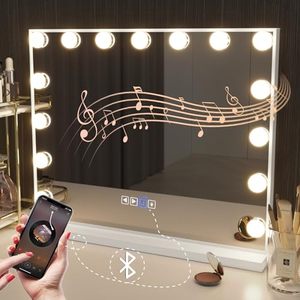 lot 3202 image: Hansong Hollywood Vanity Mirror with Lights, Bluetooth, 15 LED Bulbs, 3 Lighting Modes - White