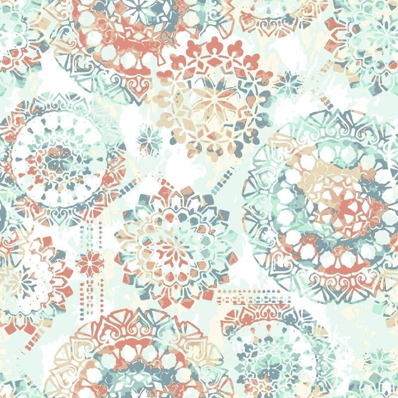 lot 2904 image: RoomMates RMK9126WP Orange and Blue Boho Medallion Peel and Stick Wallpaper, Coral, 20.5 x 16.5 feet