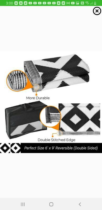 lot 2659 image: Laura Benasse White Black Outdoor Plastic Straw Rug Geometric Waterproof Reversible 6 x 9 Rectangle - White-Black