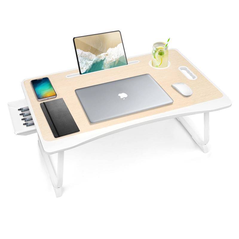 lot 1971 image: Amaredom Laptop Bed Desk Tray Bed Table, Foldable Portable Lap Desk Notebook Stand Reading Holder with Storage Drawer and Cup Holder for Eating Breakfast on BedCouchSofa-White Oak