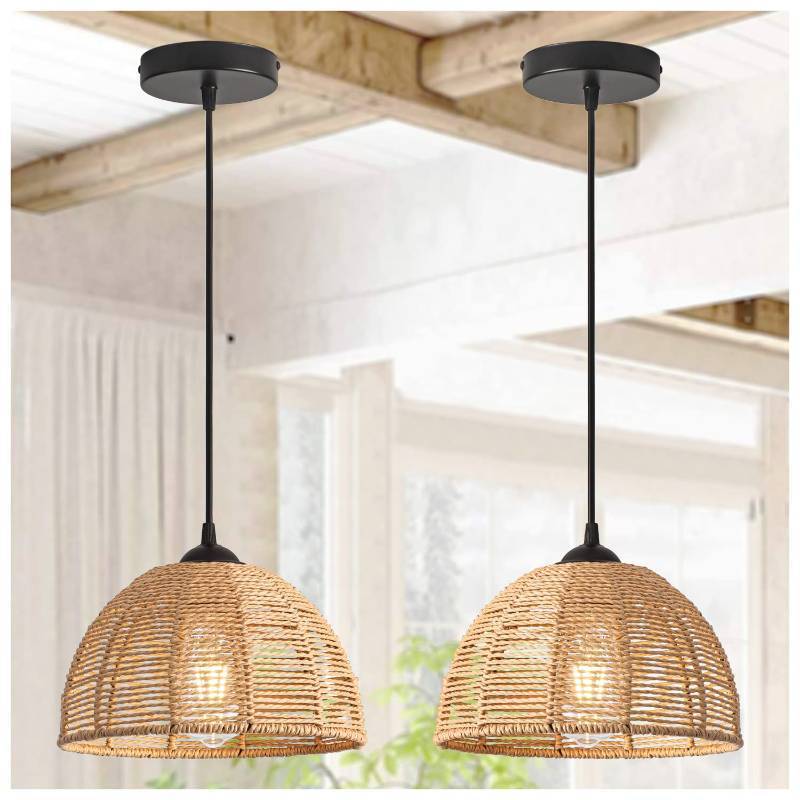 lot 1977 image: Gudicati Hand Woven Rattan Pendant Light Fixture Vintage Farmhouse 9.84 Bamboo Dome Pendant Lights Modern Retro Boho Wicker Pendant Lighting for Kitchen Island, Bedroom, Dining Room, Entryway, 2-Pack