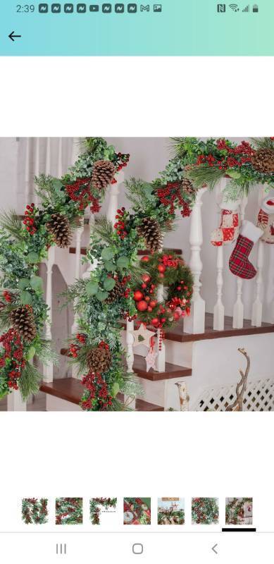 lot 2704 image: Long Artificial Eucalyptus and Pine Christmas Garland with Pine Cones Red Berries Pine Needles Winter Greenery Garland Christmas Season Holiday Wedding Table Runner Centerpiece Mantel Decor