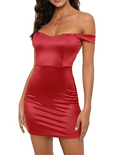 lot 1039 image: LYANER Womens Satin Silk Off Shoulder Zipper Sleeveless Bodycon Cocktail Mini Dress Red# X-Small