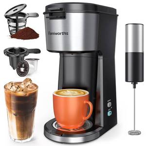lot 1567 image: Famiworths Iced Coffee Maker with Milk Frother, Hot and Cold Single Serve Coffee Maker for K Cup & Ground Coffee, 6 to 14 Oz Brew Sizes, Coffee Machine with Descaling Reminder and Self Cleaning