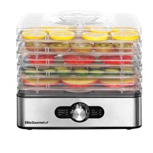 lot 1568 image: Elite Gourmet EFD3321 Food Dehydrator, Stainless Steel Trays Adjustable Temperature Controls, Jerky, Herbs, Fruit, Veggies, Dried Snacks, Stainless Steel